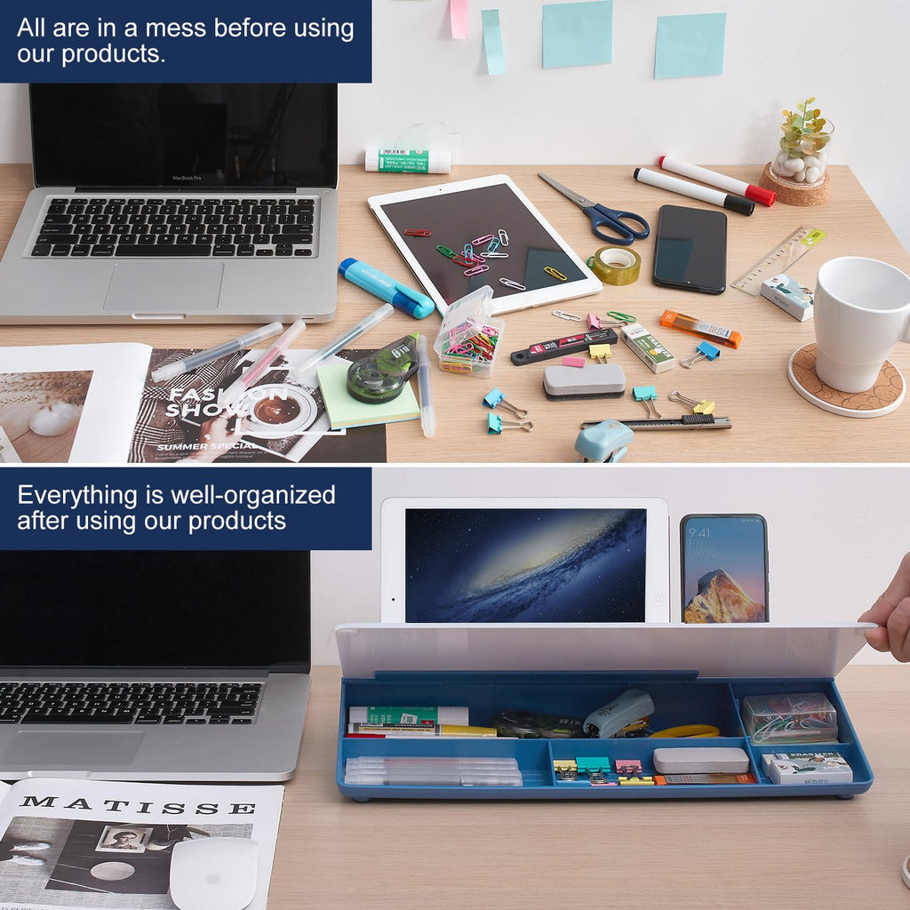 Desktop Whiteboard Dry-Erase-Board - Computer Keyboard Stand White Board Surface Pad with Drawer, Desk Organizers with Accessories for Office, Home, School Supplies - Blue