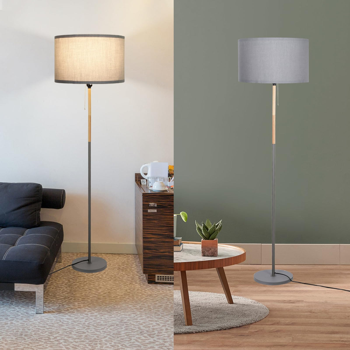Bedroom Standing Floor Lamp, Farmhouse Lamp with Linen Shade, Grey