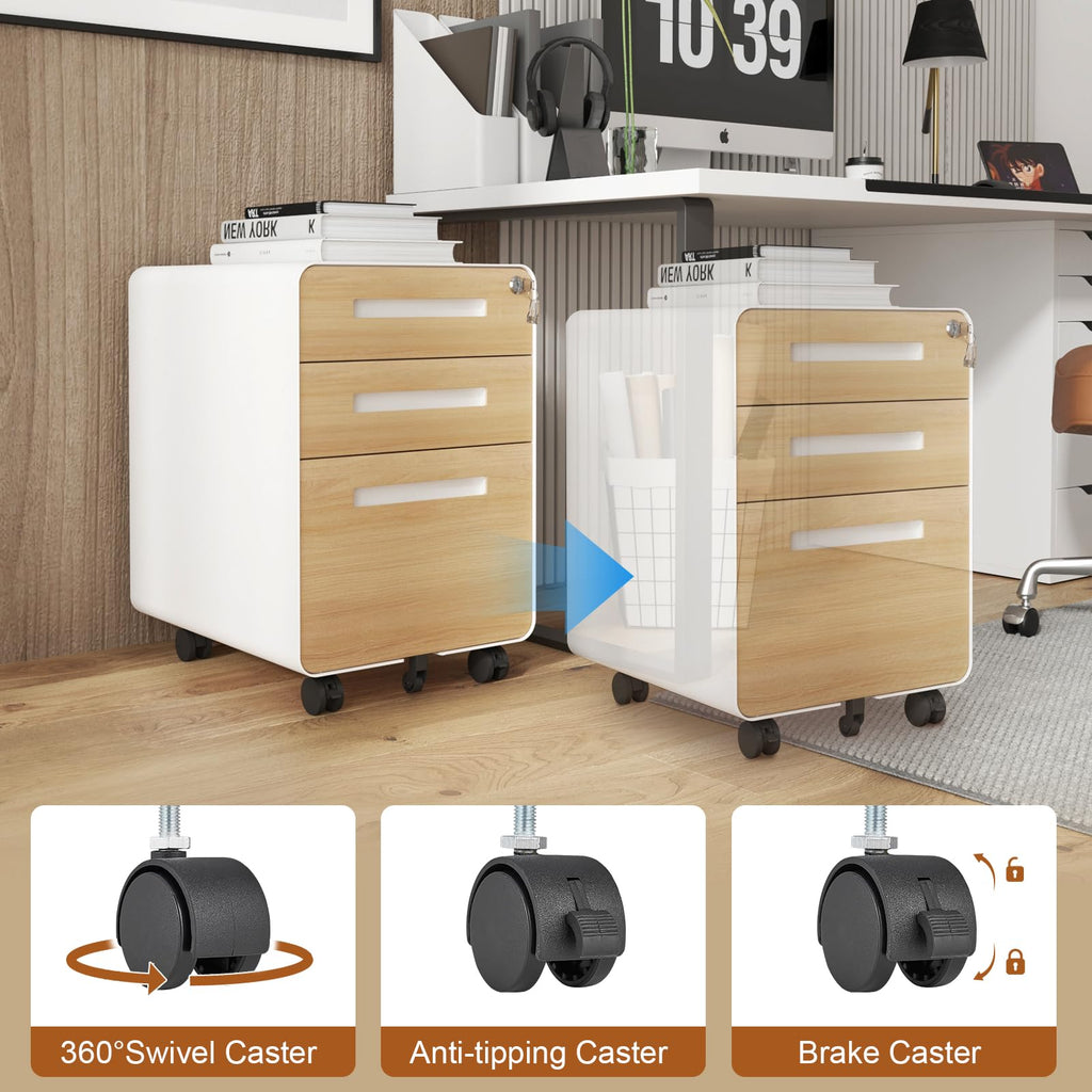 3 Drawer File Cabinet for Office, Under Desk Mobile Filing Cabinet with Lock for A4/Letter/Legal Size, 5 Wheel Anti-tilt Rolling File Cabinets, Fully Assembled