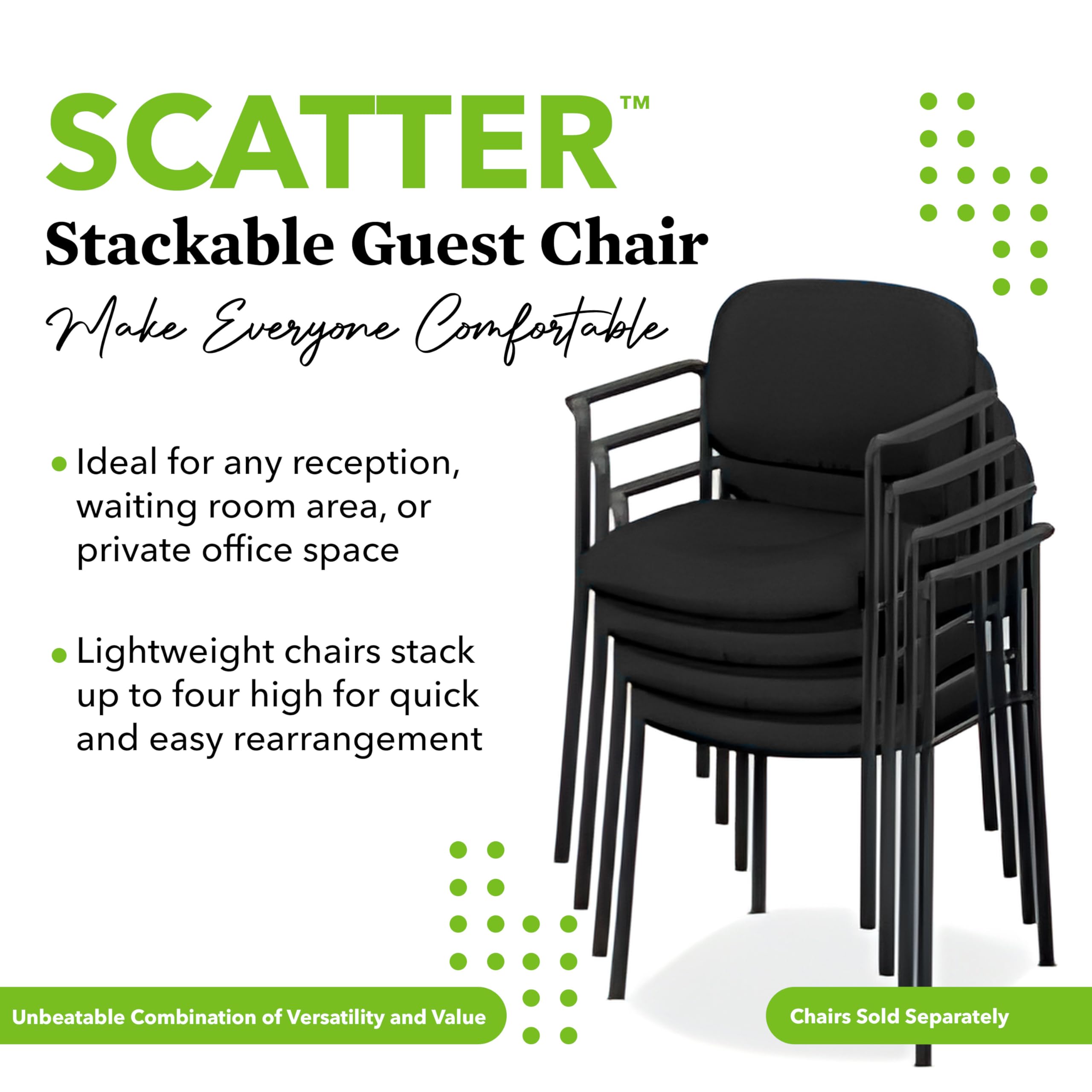 Leather Guest Office Chair with Arms, Stackable Seating for Waiting Rooms, Lobbies, Conference Areas, and Offices, Side Chair for Reception and Training Spaces, Black