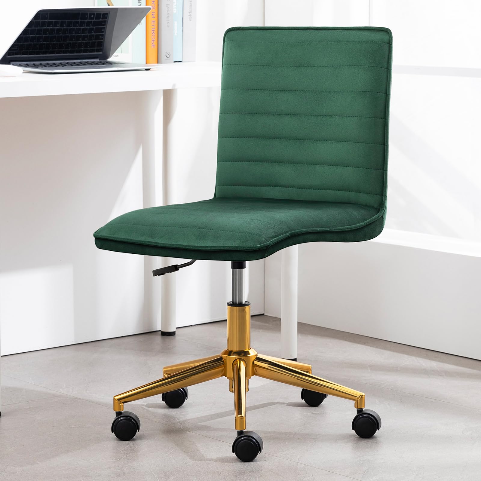 Armless Vanity Chair with Wheels, Computer Rolling Desk Chair with Back Soft Velvet Fabic Height Adjustable Gold Metal Base Swivel Stool Chairs,DarkGreen