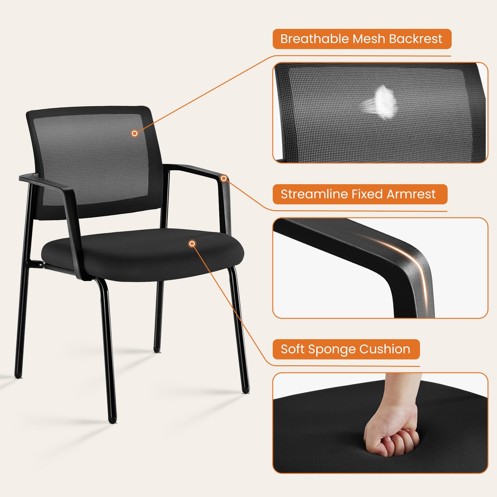 4 Pack Black, Mesh Back Stacking Arm Chairs, Upholstered Fabric Stacking Chairs, Sturdy Metal Office Chairs, Easy to Use and Store, Outdoor and Indoor, for Home, School, Party, Church