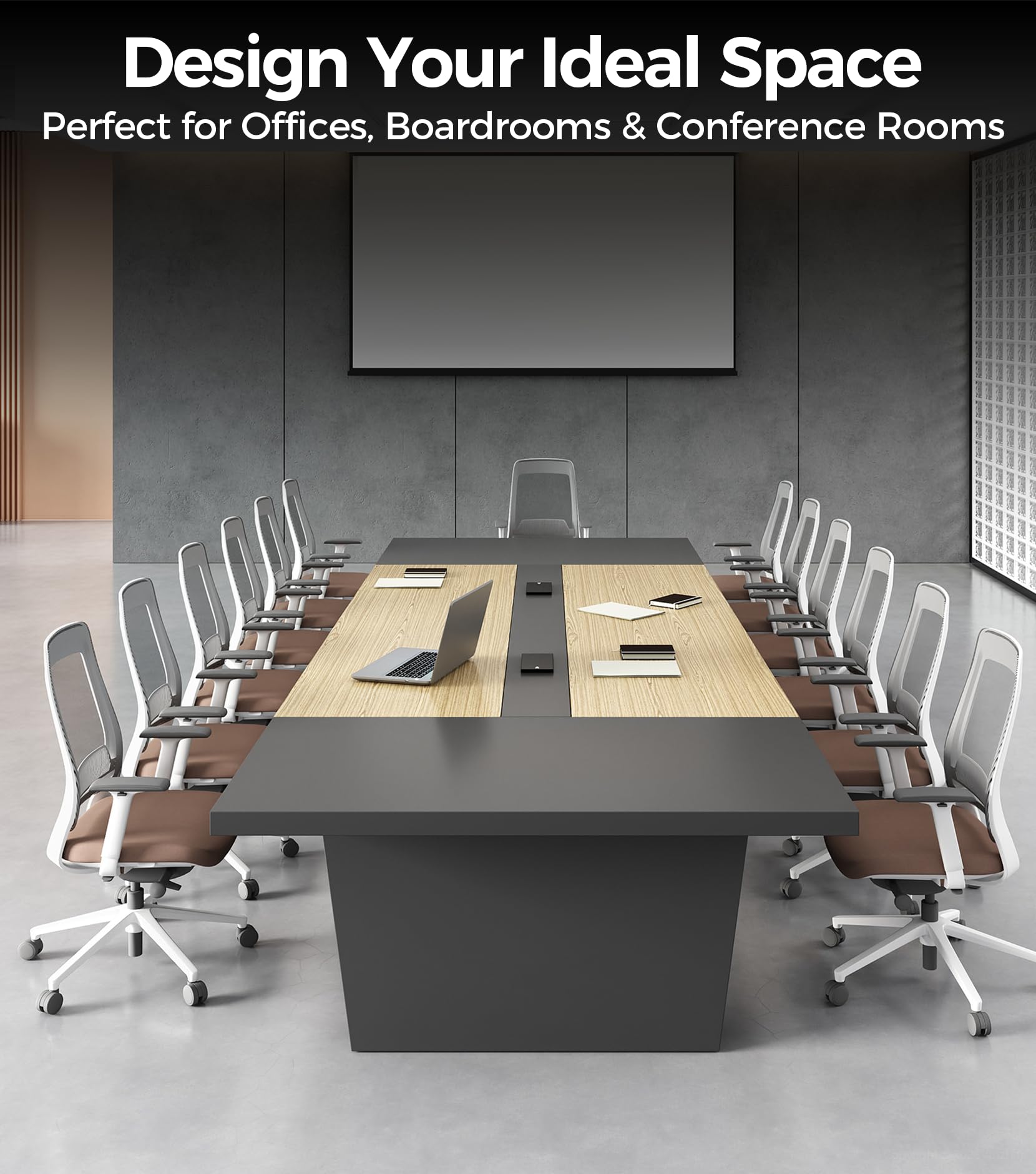 10FT Conference Table for 10 People, Executive Office Table, Rectangular Boardroom Meeting Table with Built-in Power Outlets & USB Ports, 2" Thick Tabletop (Oak & Gray, 118" L * 51" W * 30" H)