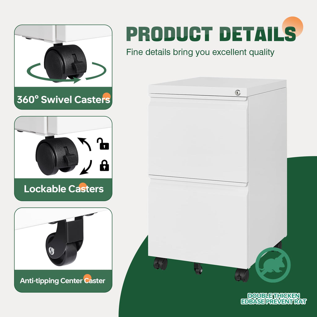 2 Drawer Mobile File Cabinet with Lock,Under Desk Metal Filing Cabinets for Home Office Organizer Letters/Legal/A4(Fully Assembled-White)