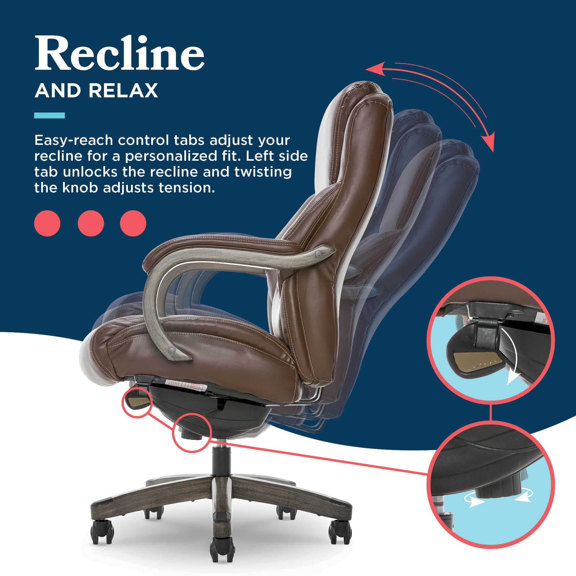 Delano Big and Tall Executive Office Chair - Ergonomic Lumbar Support Memory Foam - Bonded Leather Desk Chair for Home Office - Weathered Gray Wood Arms - Brown