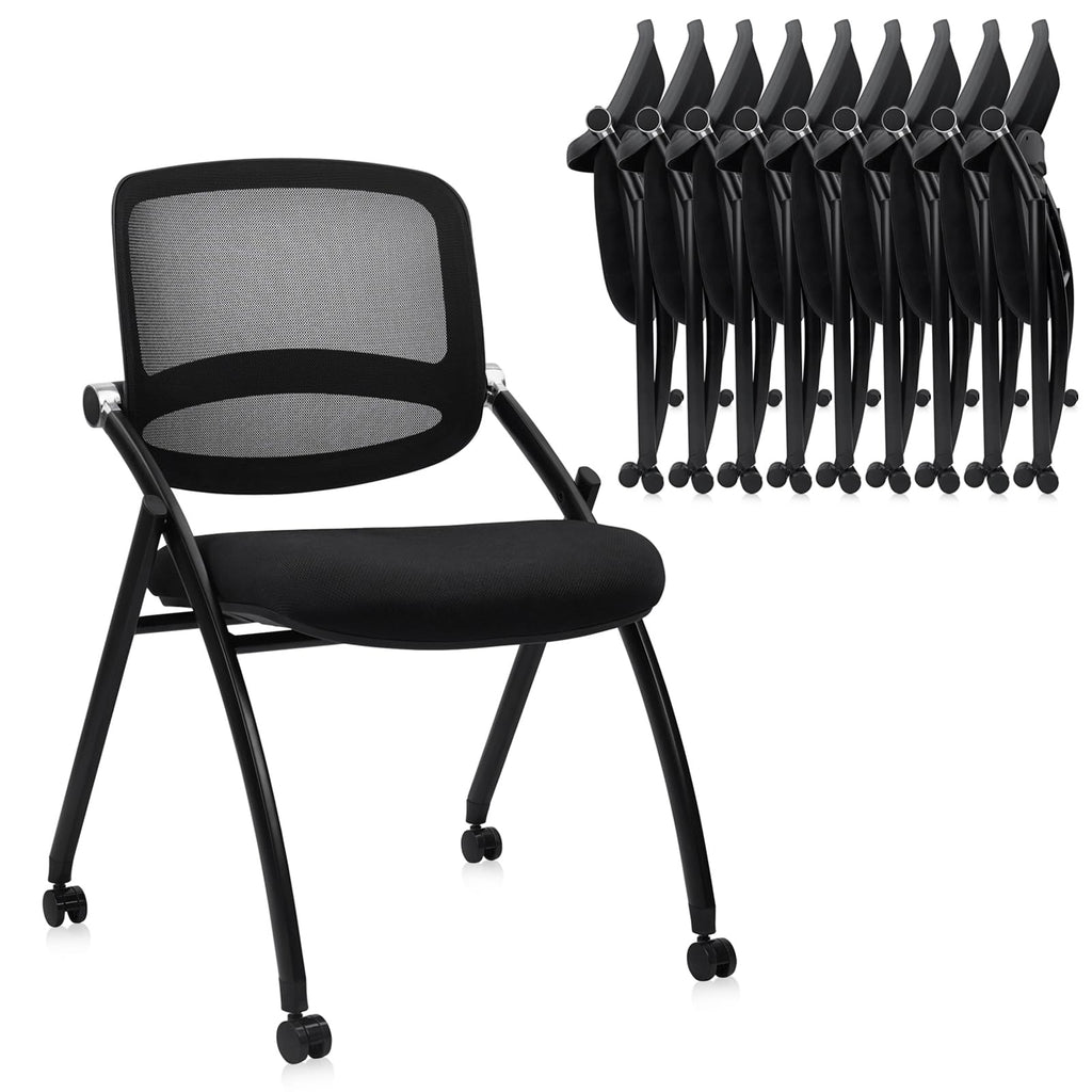 10 Pack, Stackable & Foldable Chairs with Wheels, Reception Guest Chairs with Lumbar Support, Ergonomic Curved Mesh Back Folding Chair for Office Schools Conference Waiting Room, Black