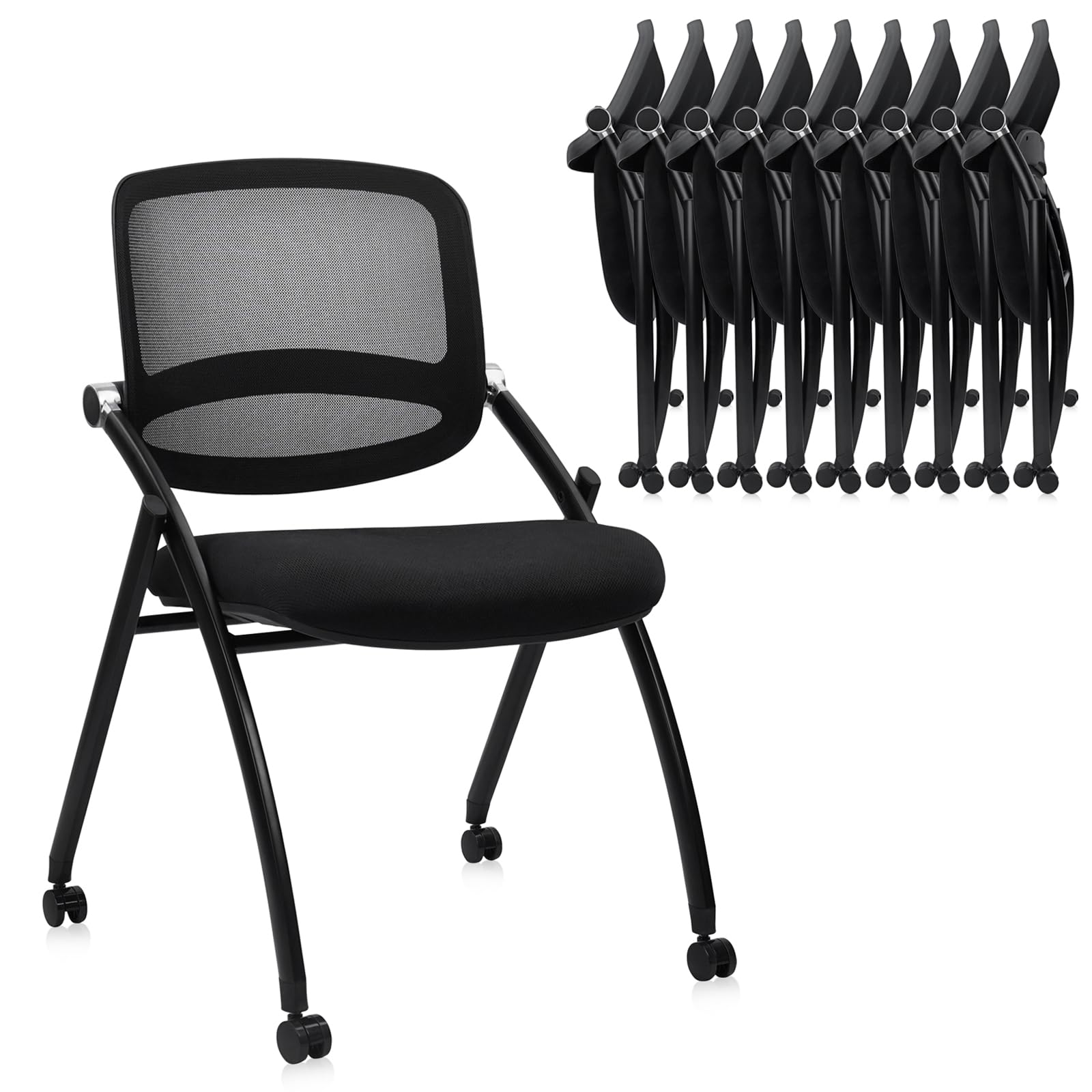 10 Pack, Stackable & Foldable Chairs with Wheels, Reception Guest Chairs with Lumbar Support, Ergonomic Curved Mesh Back Folding Chair for Office Schools Conference Waiting Room, Black