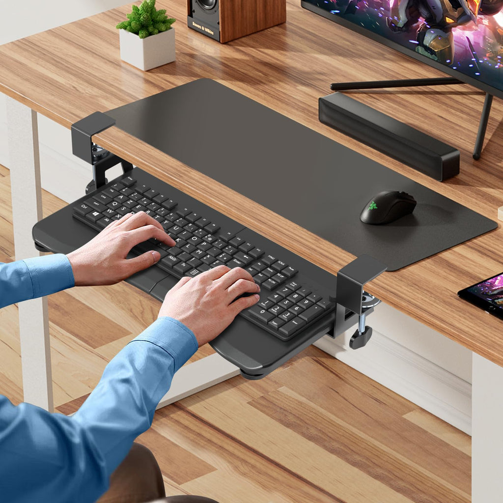 Small Keyboard Tray Under Desk Pull Out with C Clamp Mount, Computer Keyboard & Mouse Tray, 20 (24.2 Including Clamps) x 11.8 inch Slide-Out Platform Computer Drawer for Typing, Black,