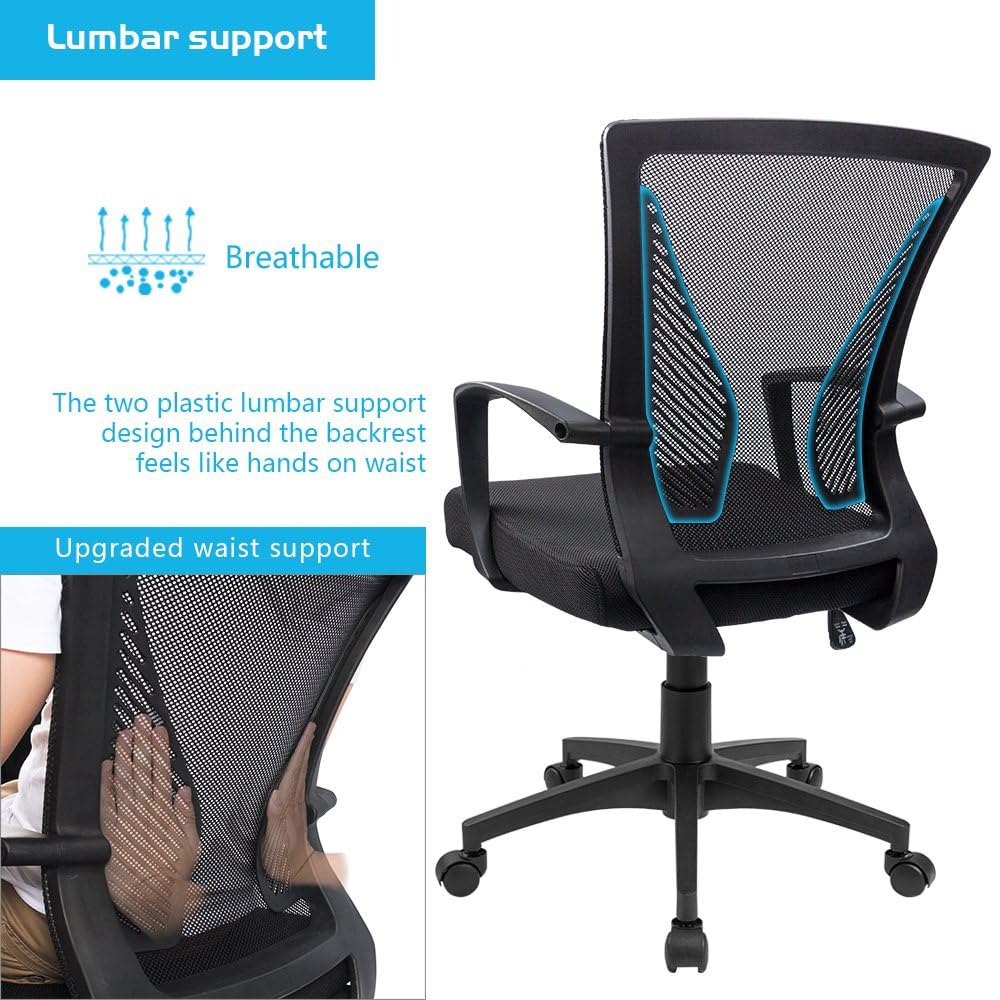 (2, Black) Office Chair Ergonomic Computer Desk Mesh Chair Mid Back Swivel Lumbar Support with Armrest