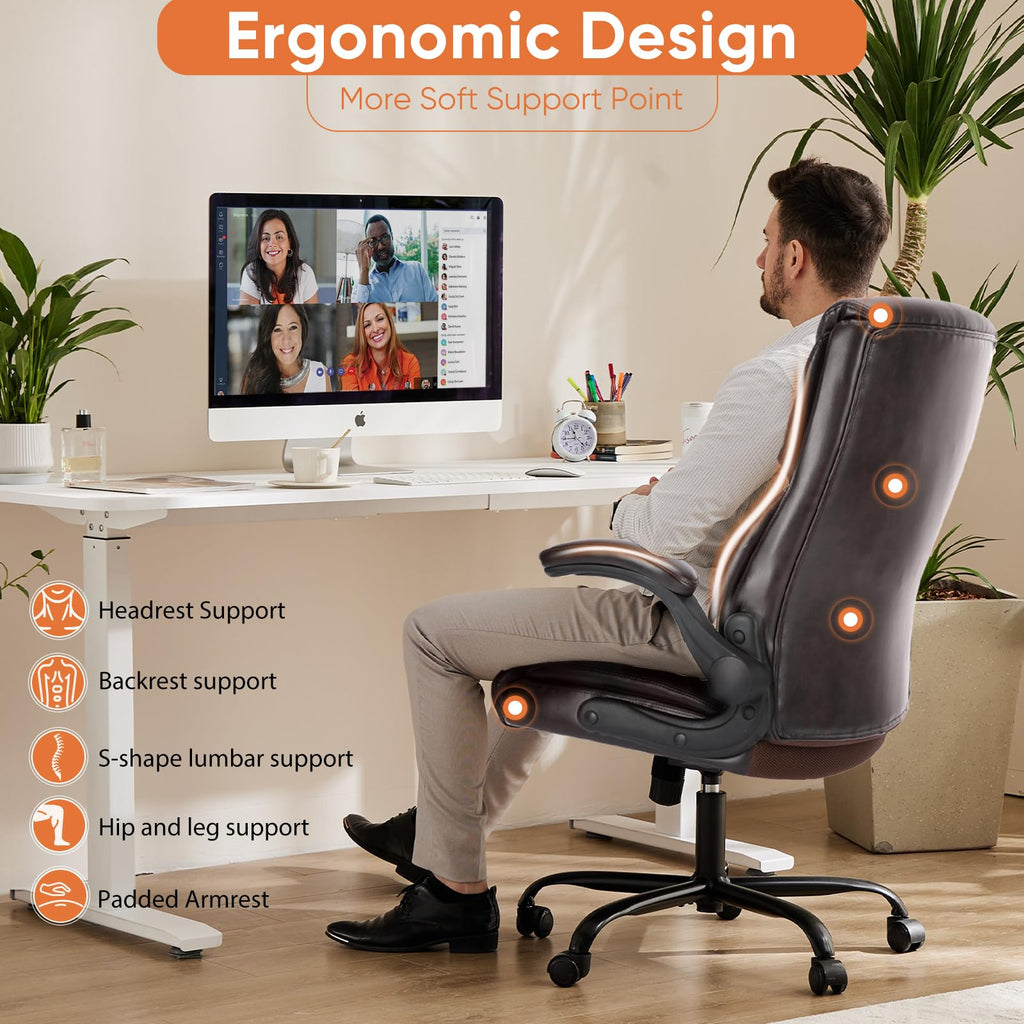 Computer Gaming Chair, Ergonomic High Back Heavy Duty Task Desk Office Chairs with Wheels, Flip-up Arms, Adjustable Height, PU Leather,Dark Brown