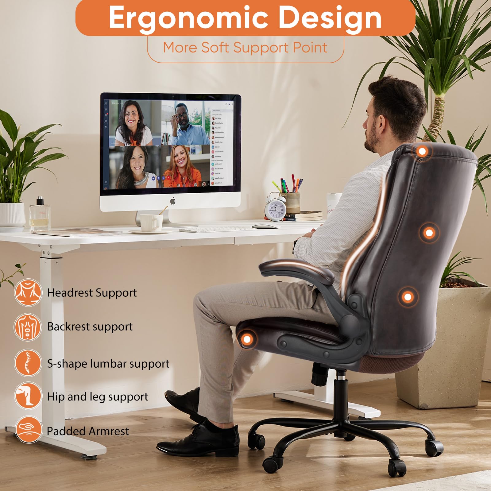 Set of 2, Ergonomic Computer Gaming Office Chair  Heavy Duty Task Desk Swivel Rolling Chairs with Wheels, Flip-up Arms, Adjustable Height, PU Leather,Dark Brown
