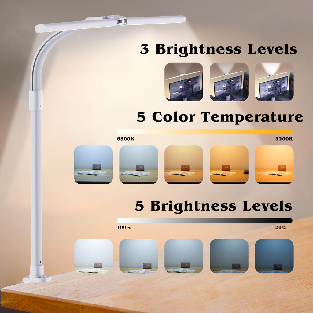 Led Desk Lamp for Office,24W Bright Eye-Caring Desk Light with Clamp,5 brightness and 5 temperatures Dimmable Workbench Task Light, Adjustable Gooseneck Table Lamp for Monitor Study(white)