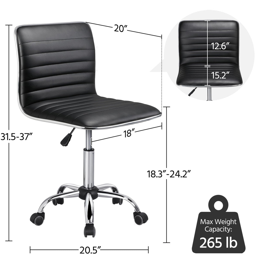 Adjustable Task Chair PU Leather Low Back Ribbed Armless Swivel Black Desk Chair Office Chair Wheels