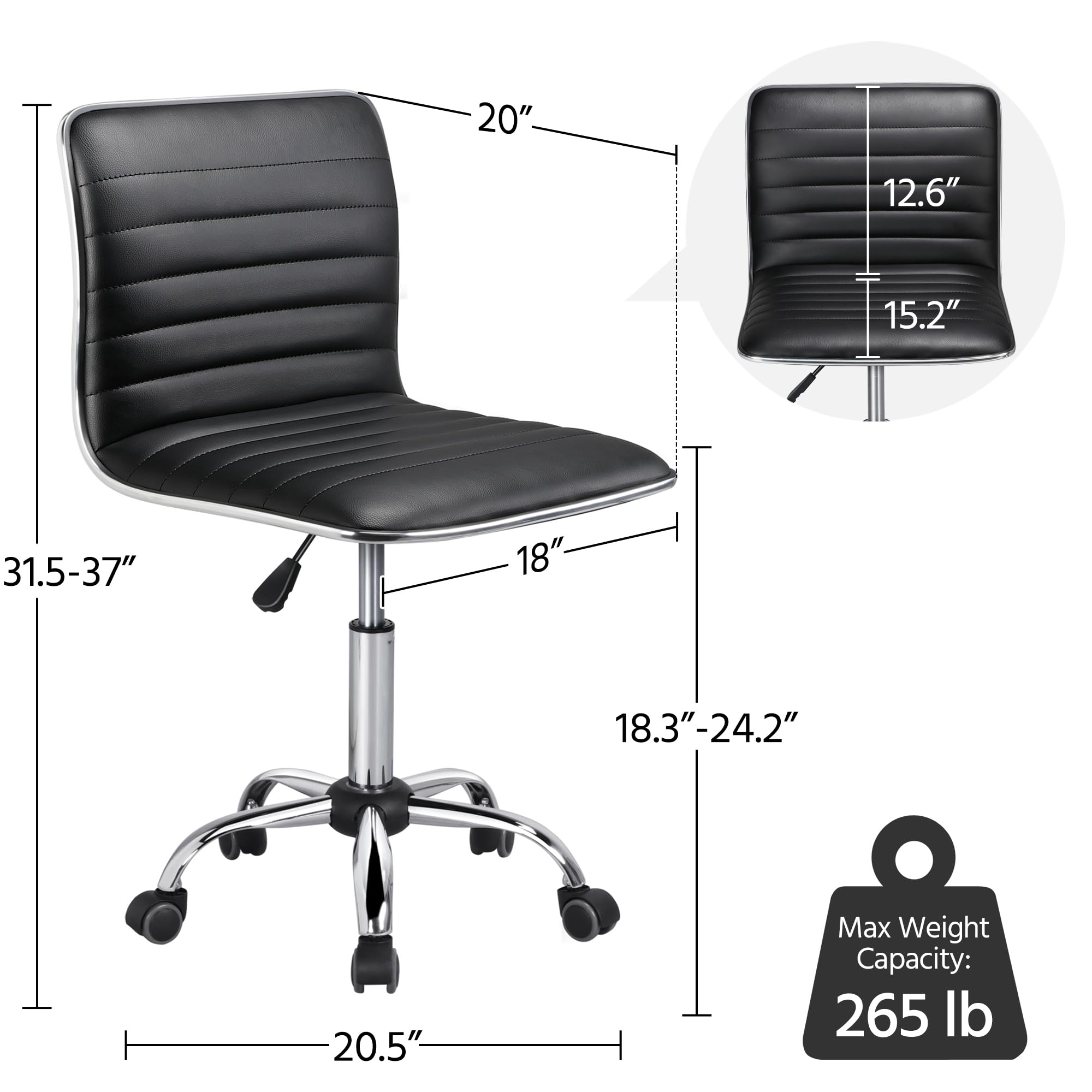Adjustable Task Chair PU Leather Low Back Ribbed Armless Swivel Black Desk Chair Office Chair Wheels