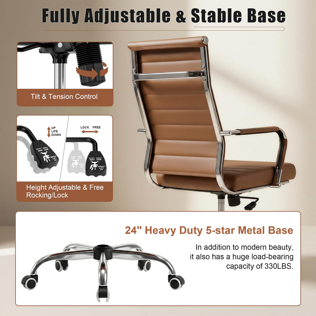 Ergonomic Office Desk Chair, Ribbed Leather Modern Conference Room Chairs, Executive Adjustable Swivel Rolling Chair for Home & Office.