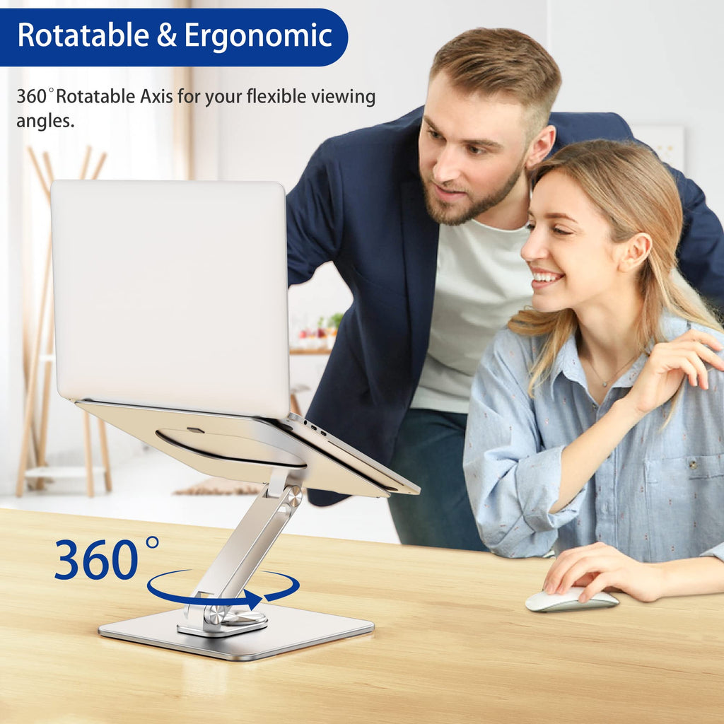 Laptop Stand with 360 Rotating Base, Ergonomic Adjustable Notebook Riser, Foldable Computer Holder Compatible with 10-15.6" Laptops (Silver)