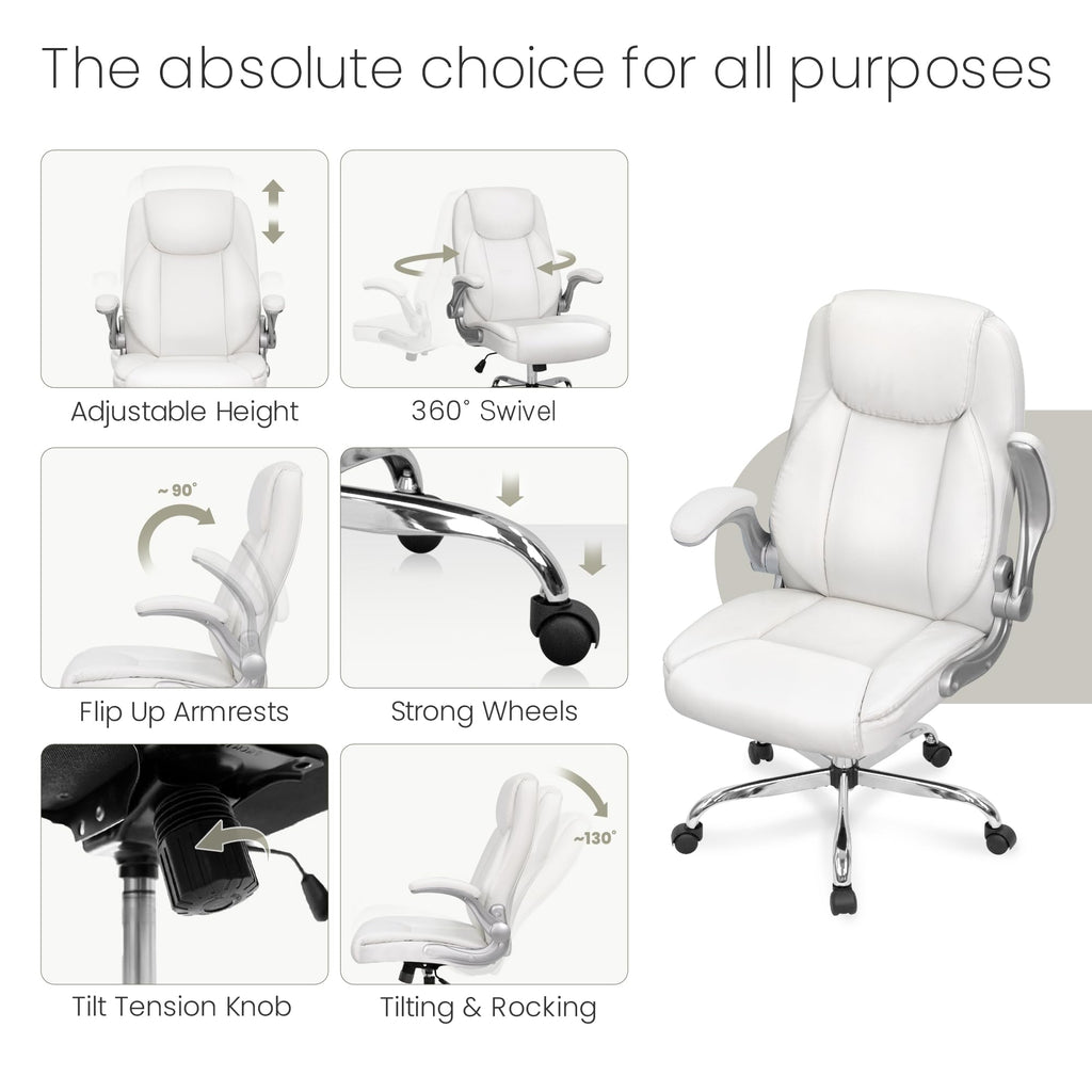 High Back Office Desk Chair for Computer Garming Ergonomic Executive Chair with Comfy Lumbar Support Flip-up Arms Height Adjustable Swivel (Leather White)