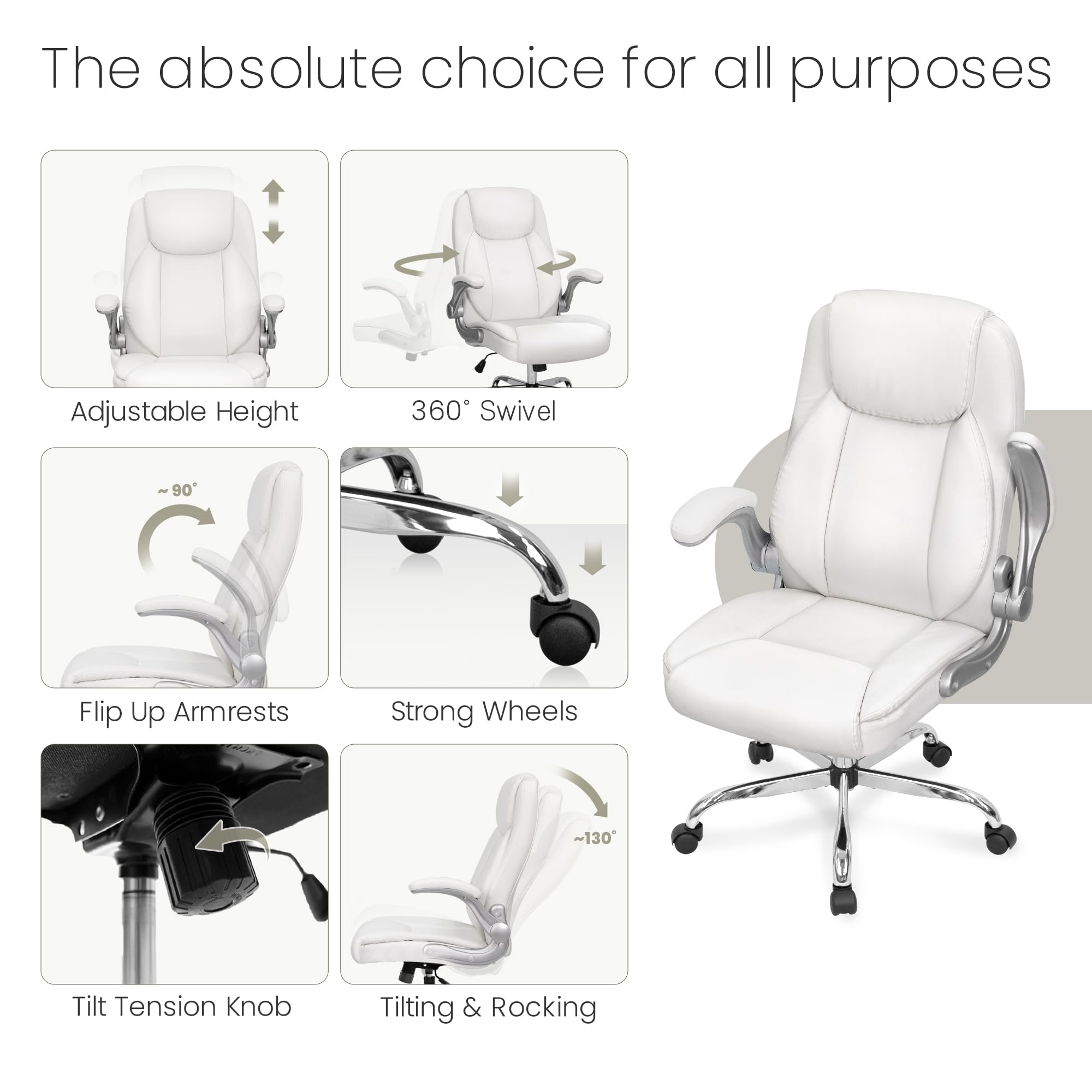 High Back Office Desk Chair for Computer Garming Ergonomic Executive Chair with Comfy Lumbar Support Flip-up Arms Height Adjustable Swivel (Leather White)
