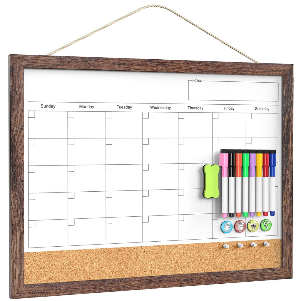 Calendar Whiteboard for Wall, 18x24 Inches White Board Calendar Dry Erase, Magnetic White Board with Wood Frame, Hanging Dry Erase Board for Kitchen Home Office School Planner