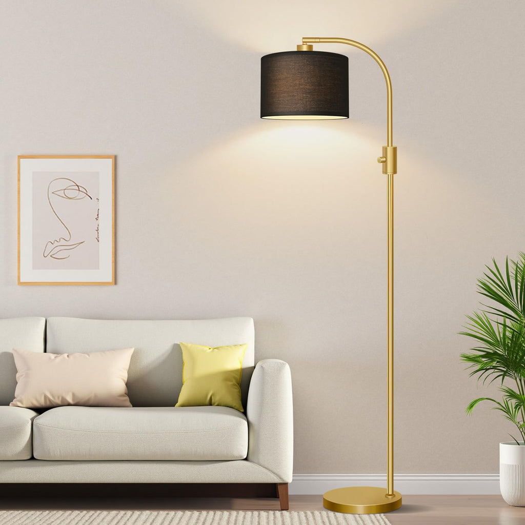 Upgraded Modern Arc Dimmable Tall Standing Floor Lamp with Black Shade, 1200 Lumens LED Bulb Included, for Living & Reading Room, Bedroom, Office & Nursery, Gold
