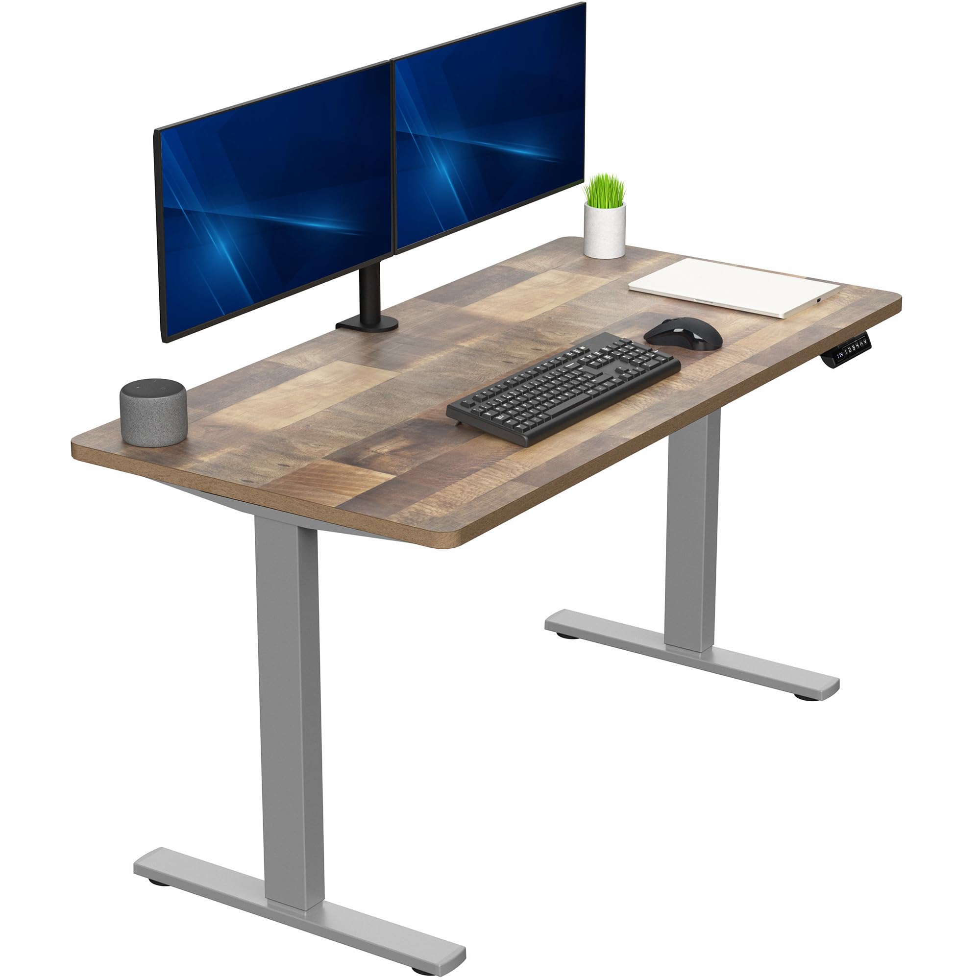 Electric 55 x 28 in Standing Desk, Memory Height Adjustment, 1B Series, Holds 220 lbs, One-Piece Reclaimed Wood Top, Gray Frame