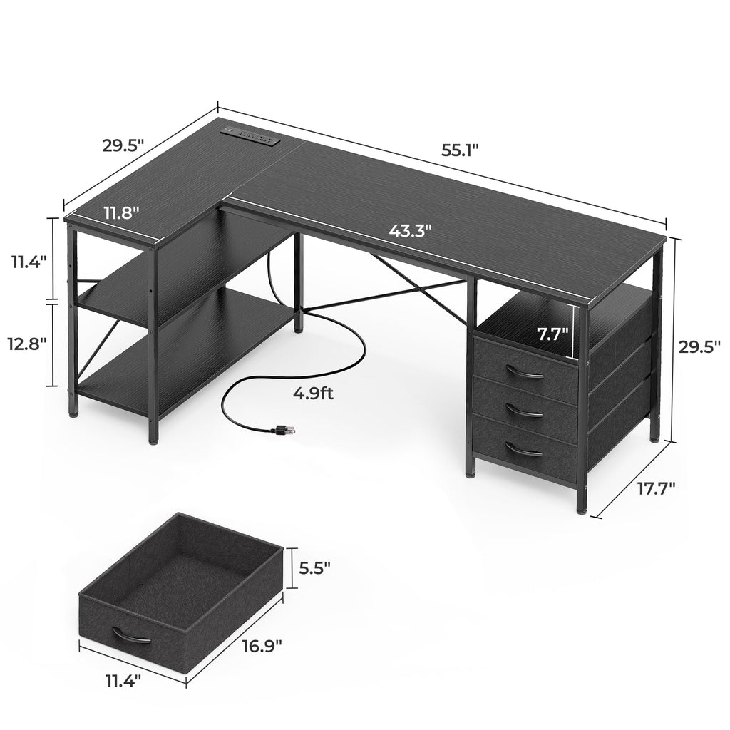 L Shaped Office Desk with Power Outlets, 55 Inch Computer Desk with 3 Drawers, Shelves, Reverisble for Gaming Corner Work Home Office Study, Black