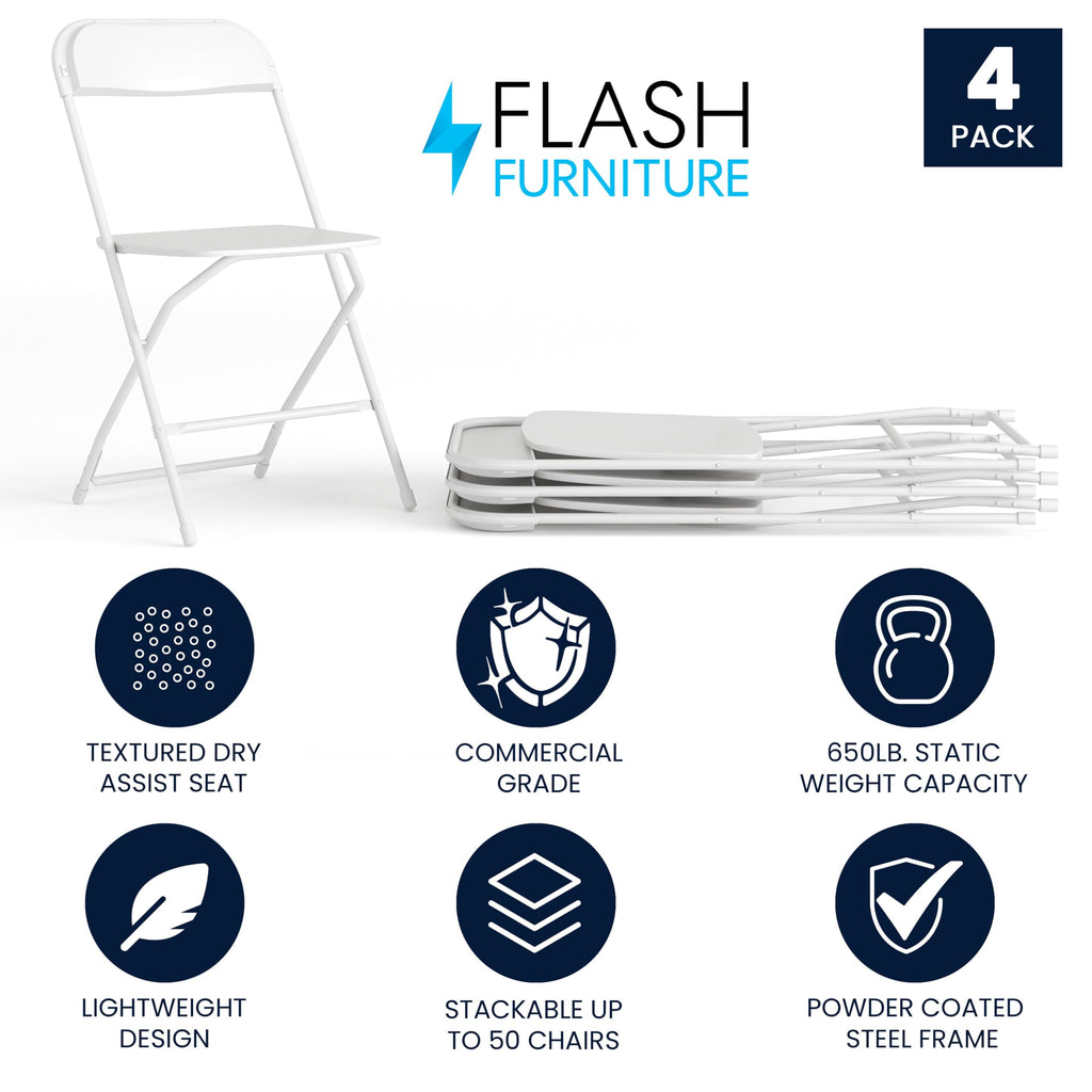 4 Pack, Hercules Series Plastic Folding Chair - White - 650LB Weight Capacity Comfortable Event Chair-Lightweight Folding Chair