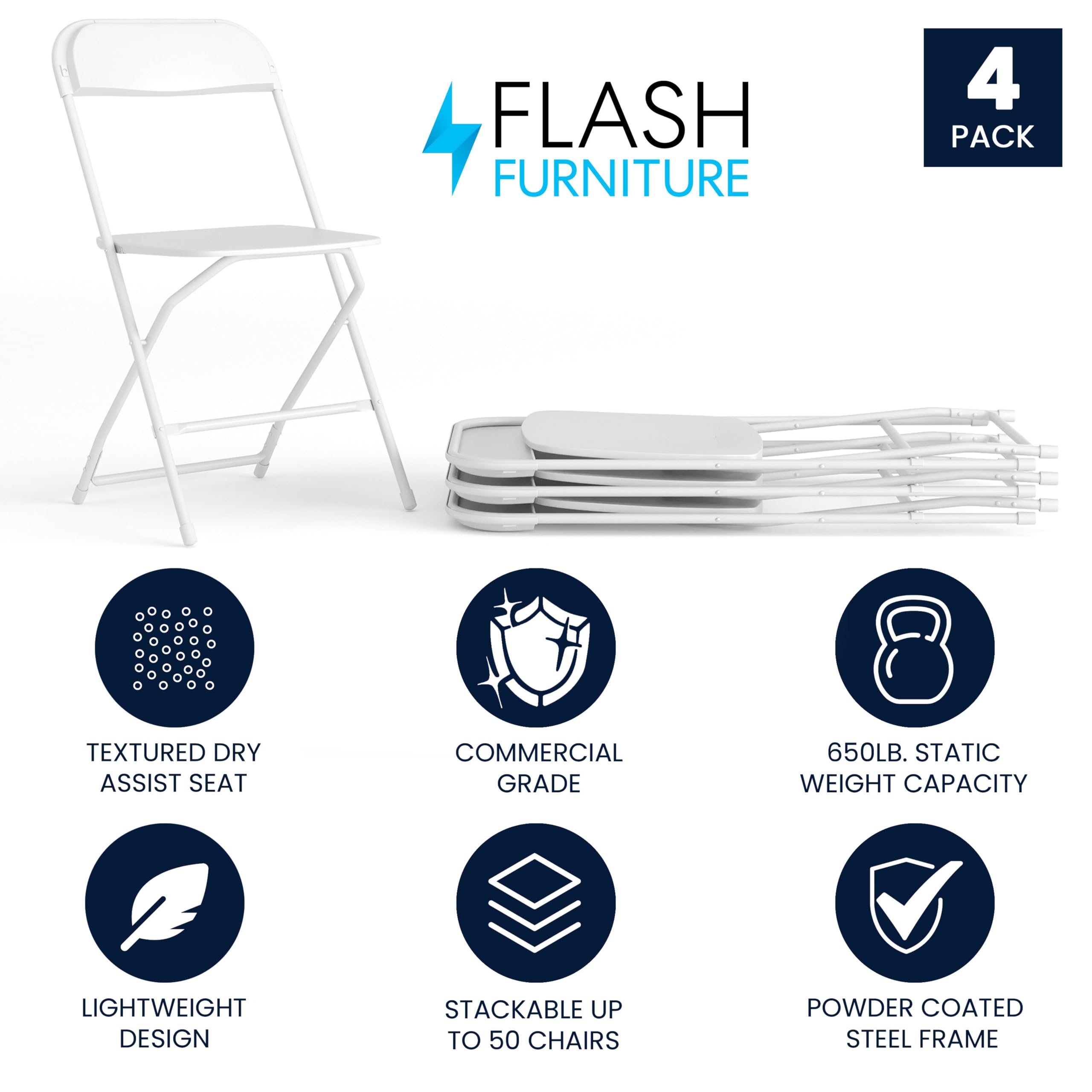 4 Pack, Hercules Series Plastic Folding Chair - White - 650LB Weight Capacity Comfortable Event Chair-Lightweight Folding Chair