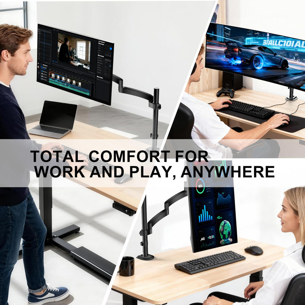 Single Long Monitor Arm - Computer Monitor Arm Desk Mount for 13-32 inch, Hold up to 19.8lbs, Extra Long Adjustable Stand, Full Motion Tall Arm, VESA 75/100mm, (GSDM001L)