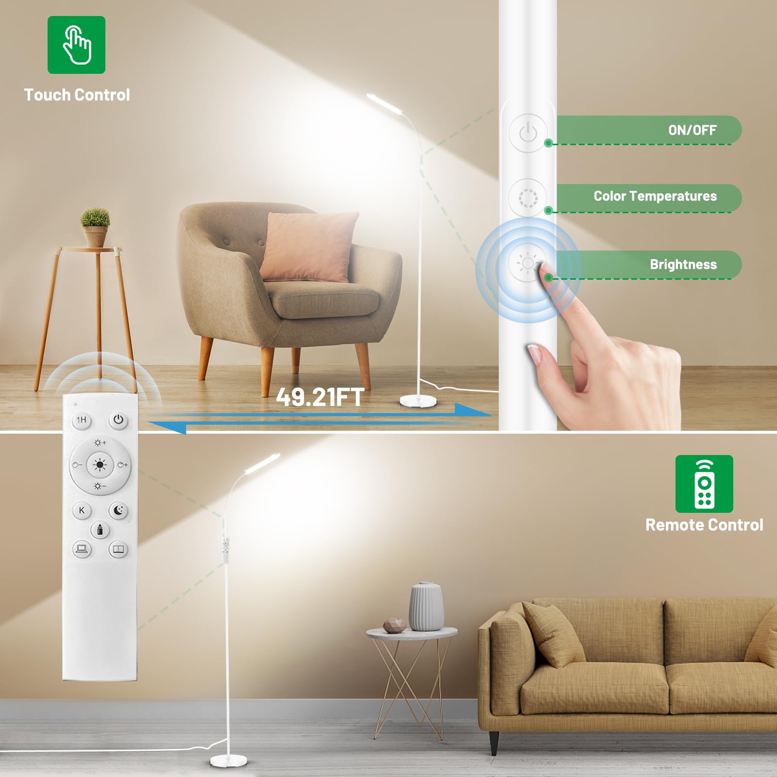 LED Floor Lamp, Super Bright Reading Lamps Floor Standing Lamp with Remote & Touch Control, Stepless Dimming & 2700K-6500K Color Temperature, for Living Room Bedroom Office, White