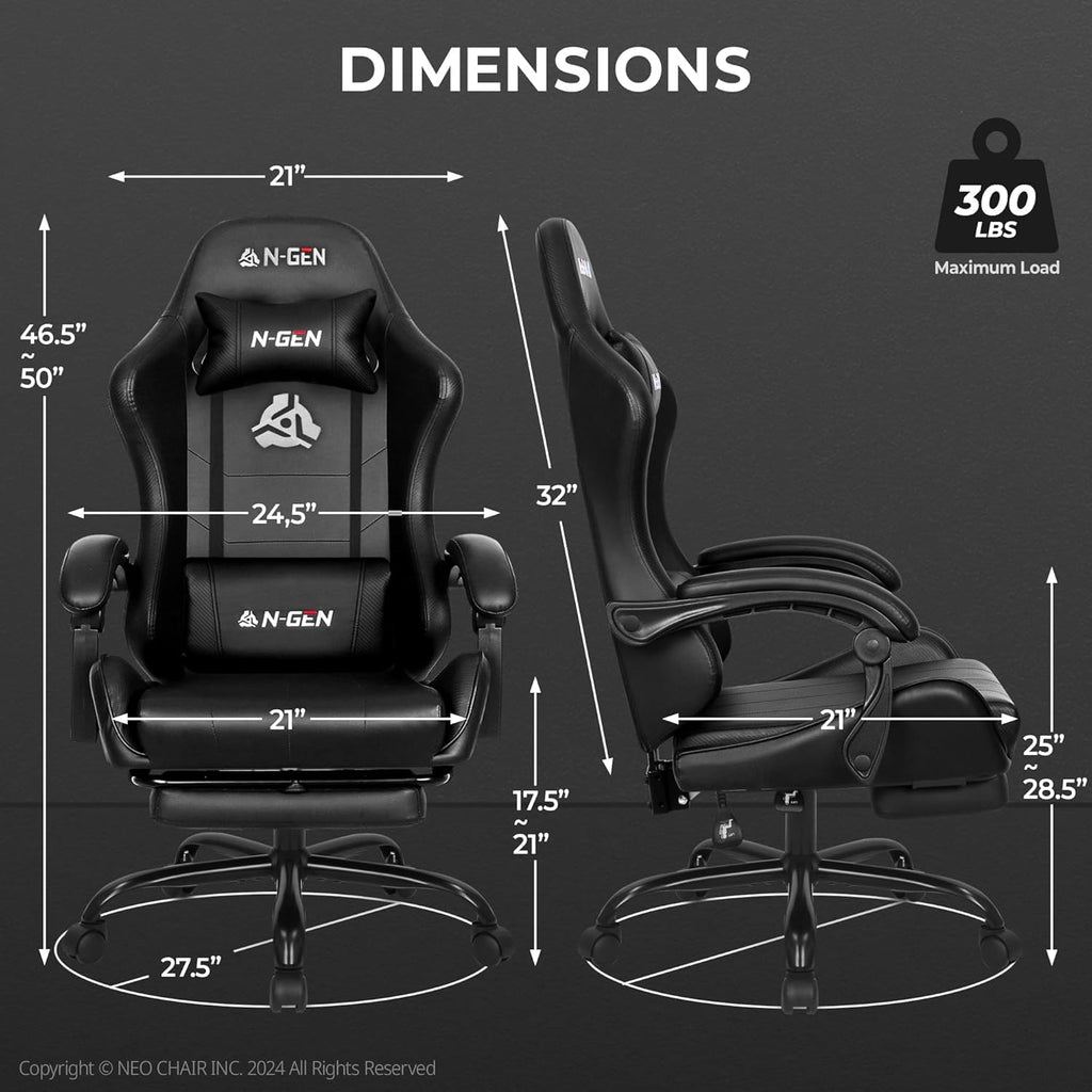 Gaming Chair with Footrest Lumbar Support for Home Office High Back Recliner Height Adjustable Ergonomic Comfy Leather Computer Desk Chair (Black)