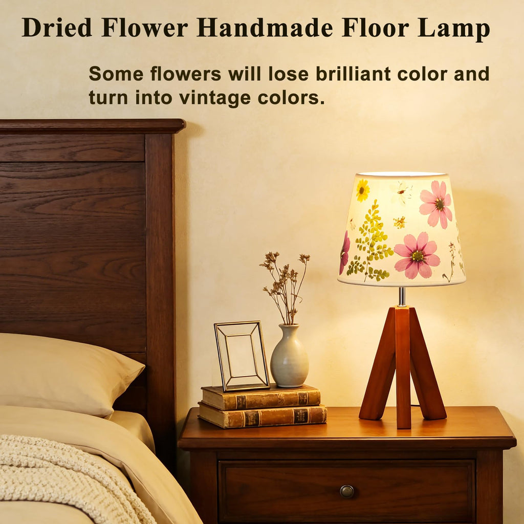 Dried Flowers Tripod Table Lamp 14.17in, 9W LED 3-Color Cute Bedside Lamp with Flowers Linen Lampshade for Nursery, Bedroom, Kid Room, Living Room, Light Brown Wooden Base