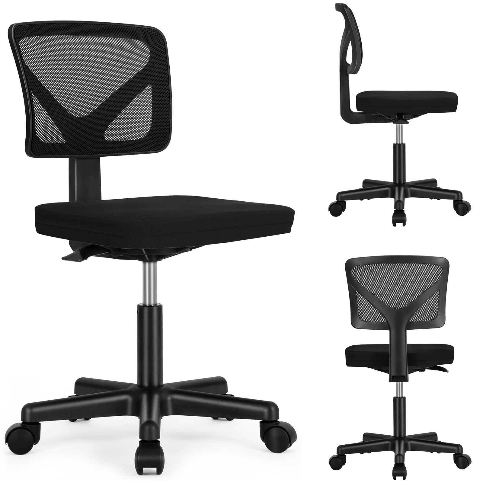 Small Office Desk Chair, Ergonomic Low-Back Mesh Rolling Work Swivel Chairs with Wheels, Armless Comfortable Seat Lumbar Support for Home, Bedroom, Study, Student, Adults,Classic Black