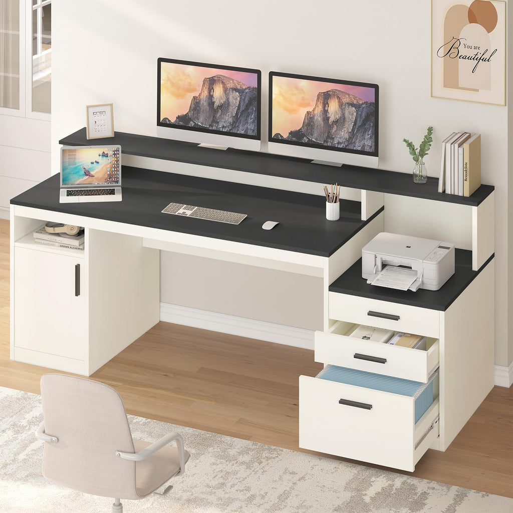 65 Inch Computer Desk with 3 Drawers & Storage Shelves, Executive Desk with File Drawer & Cabinet, Home Office Desk with Long Monitor Stand & Printer Shelf, Black & White
