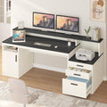 65 Inch Computer Desk with 3 Drawers & Storage Shelves, Executive Desk with File Drawer & Cabinet, Home Office Desk with Long Monitor Stand & Printer Shelf, Black & White