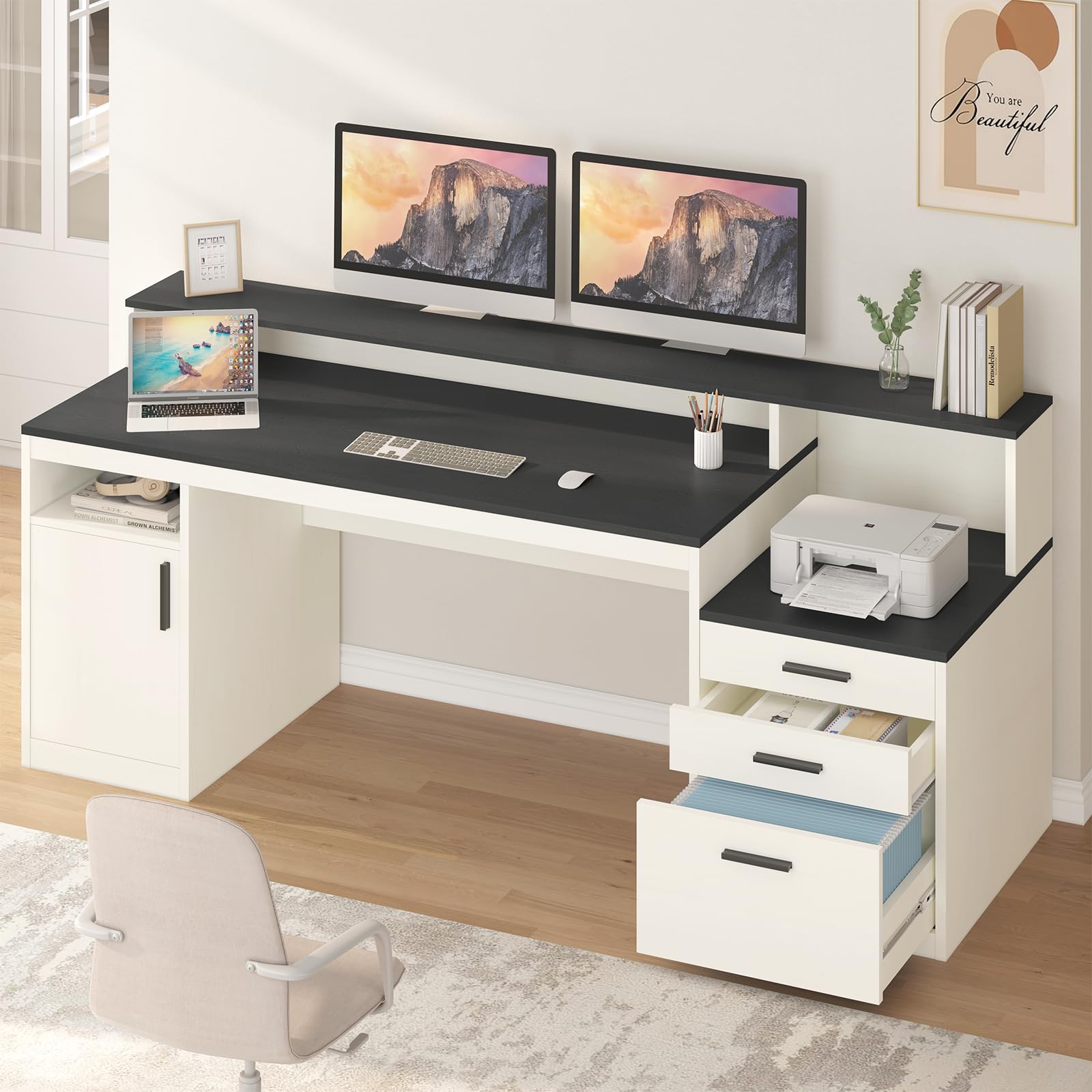 65 Inch Computer Desk with 3 Drawers & Storage Shelves, Executive Desk with File Drawer & Cabinet, Home Office Desk with Long Monitor Stand & Printer Shelf, Black & White