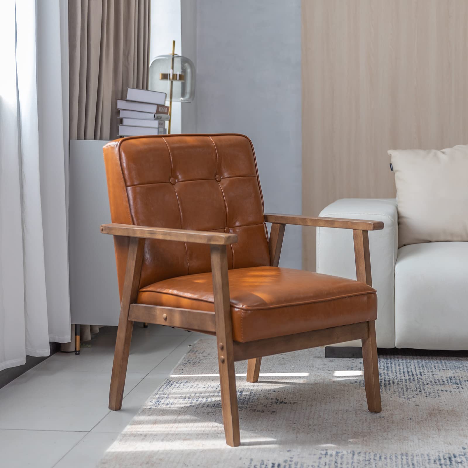 Mid Century Modern Accent Chair, Retro Wood Leather Armchairs Side Chair, Lounge Reading Comfy Arm Chair for Living Room, Bedroom, Office (Brown)