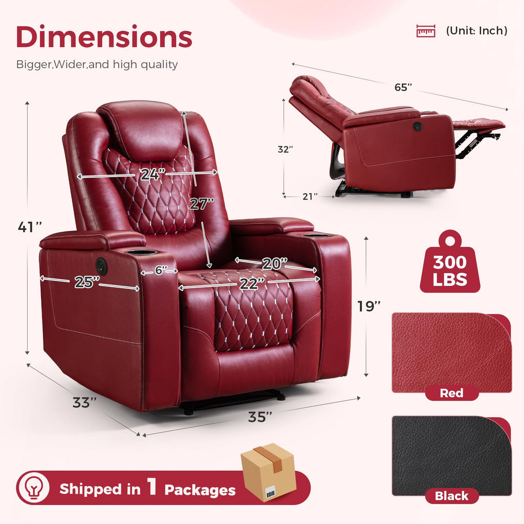 Power Recliner Chair with USB Ports and Cup Holders - Overstuffed Electric Home Theater Seating PU Leather Reclining Furniture with Hidden Arm Storage, Easy to Clean (Red)