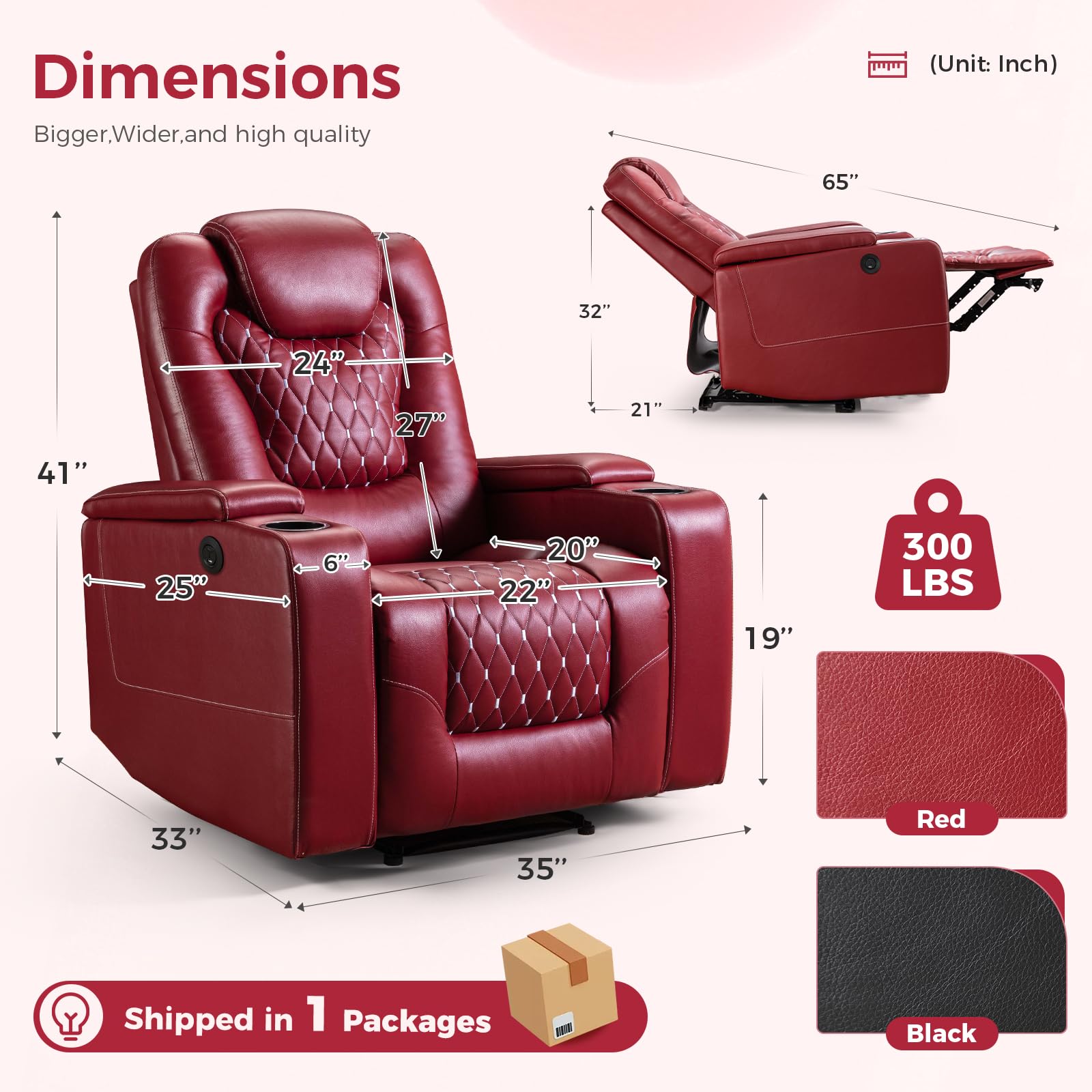 Power Recliner Chair Set of 3, Electric Soft Faux Leather Reclining Home Theater Seating - USB Ports, Cup Holders, Hidden Arm Storage Movie & Media Room Chairs (Red)