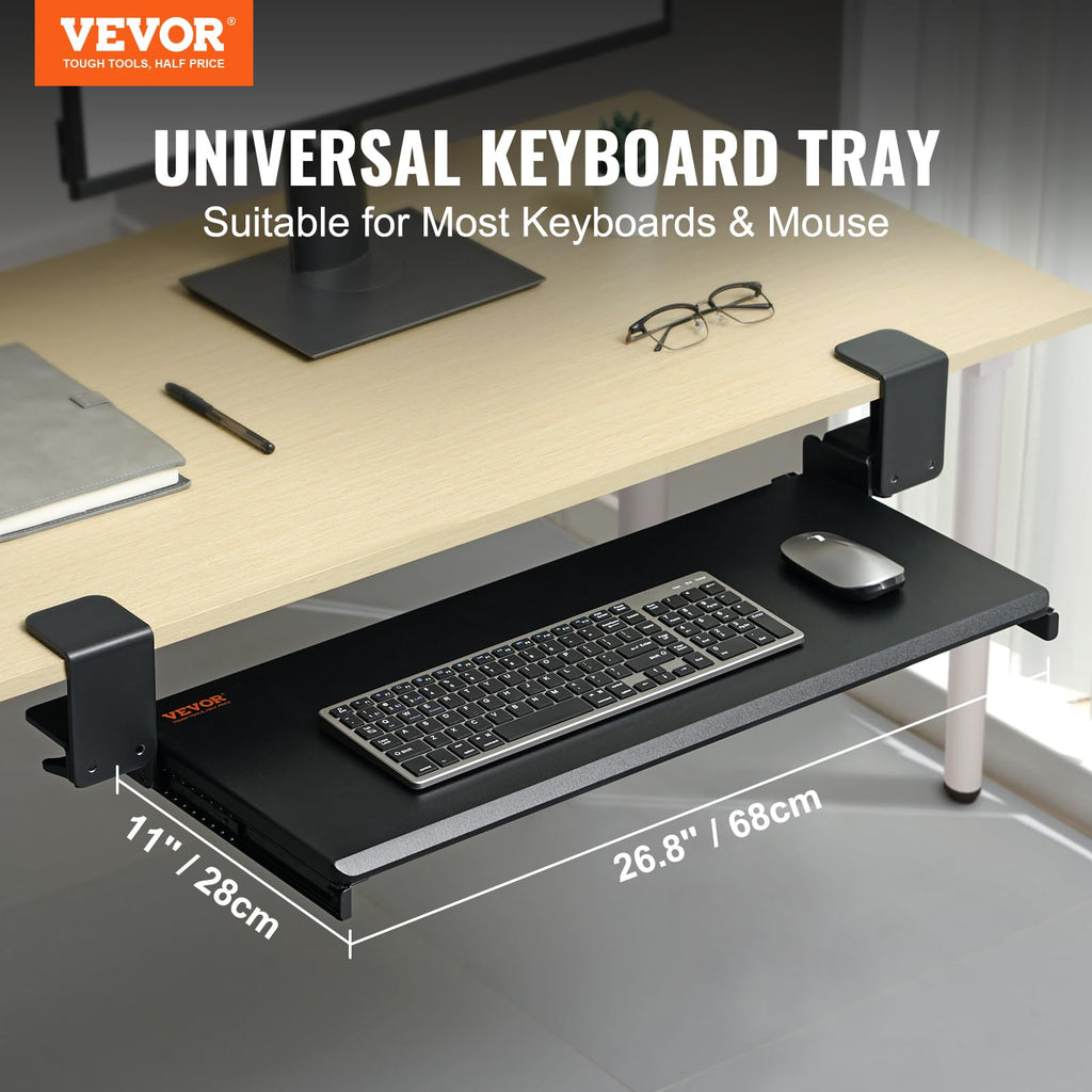 Clamp on Keyboard Tray Under Desk, Desk Keyboard Tray Slide Out with Sturdy No-Drill C Clamp Mount, Large 26.8 x 11 inch Slide-Out Computer Drawer for Typing in Home, Office Work