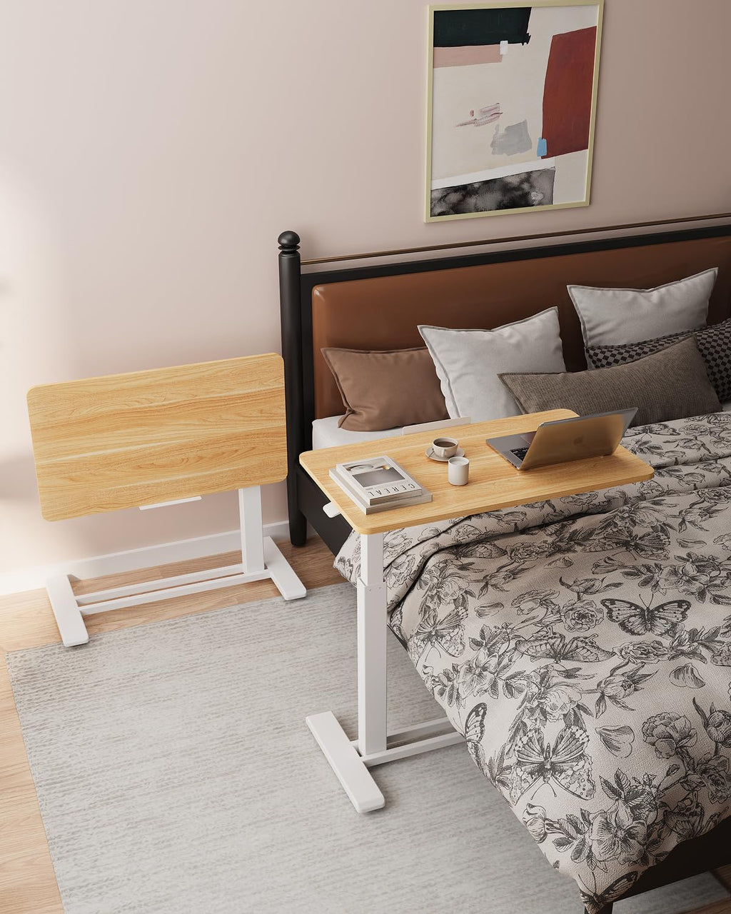 H7 PRO Mobile Standing Desk Adjustable Overbed Table Pneumatic with Wheels 90°Tiltable Portable Laptop Desk Rolling Computer Cart Foldable Bedside Table(31.5" W x 17.7" D D, Maple)