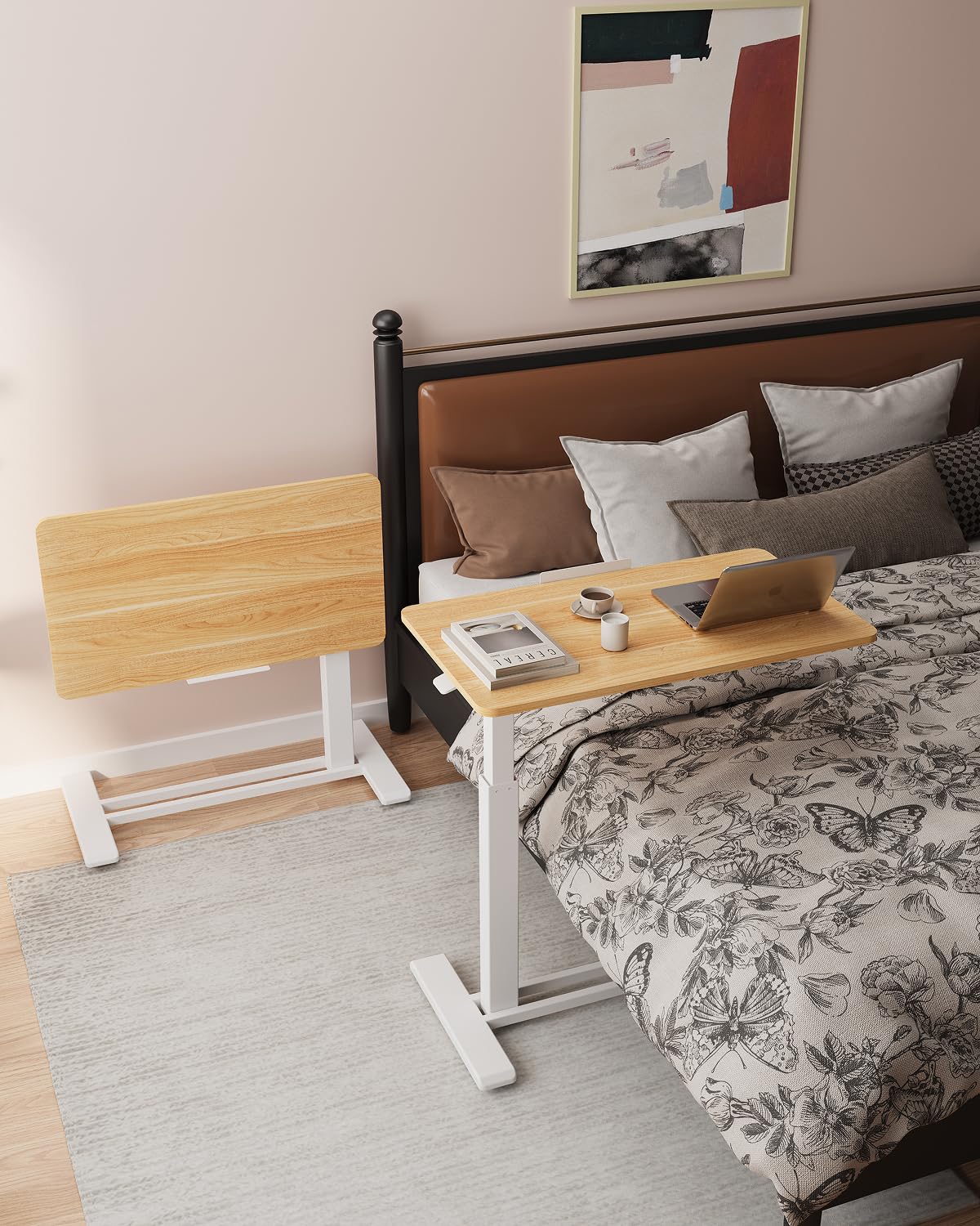 H7 PRO Mobile Standing Desk Adjustable Overbed Table Pneumatic with Wheels 90°Tiltable Portable Laptop Desk Rolling Computer Cart Foldable Bedside Table(31.5" W x 17.7" D D, Maple)