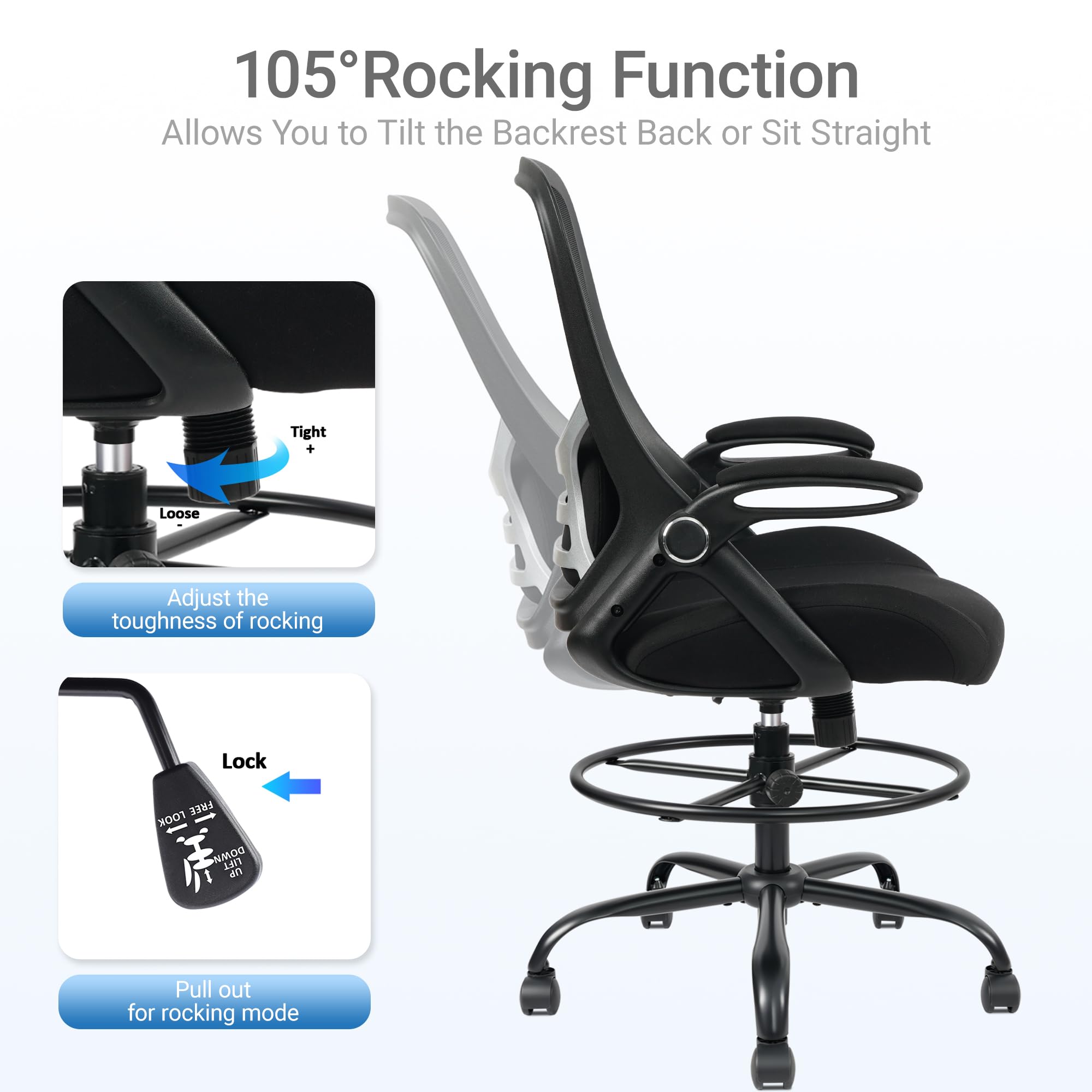 400lbs Big and Tall Heavy Duty Drafting Chair 5" Thickened Seat Tall Office Chair Flip-Up Armrests Ergonomic Chair with Lumbar Support and Adjustable Footrest Ring Standing Desk Chair (Black)