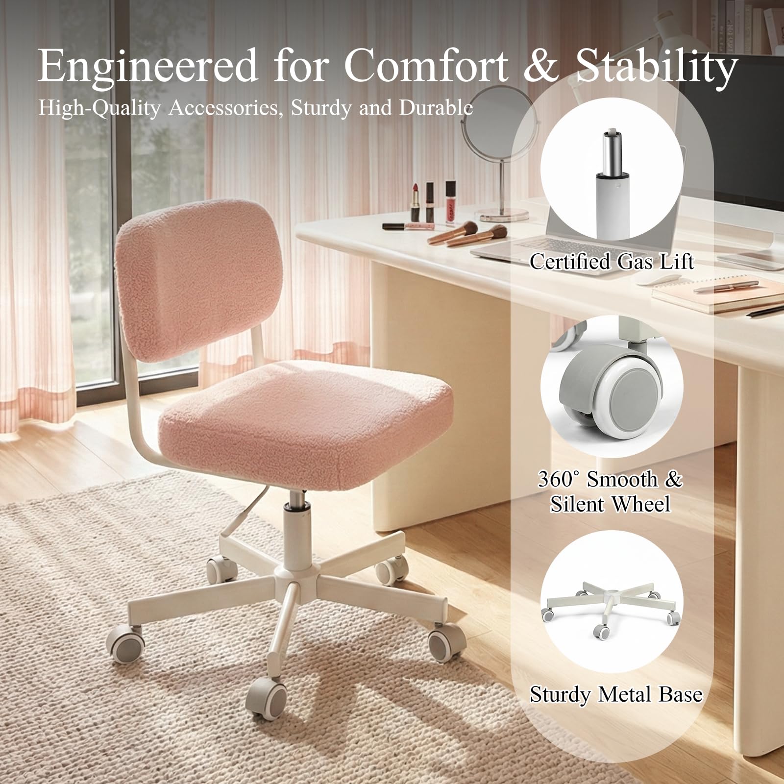 Vanity Chair with Wheels, Cute Armless Desk Chair with Back, Height Adjustable Swivel Small Office Chair, Comfy Velvet Computer Task Chair for Bedroom, Study, Dressing Room Pink