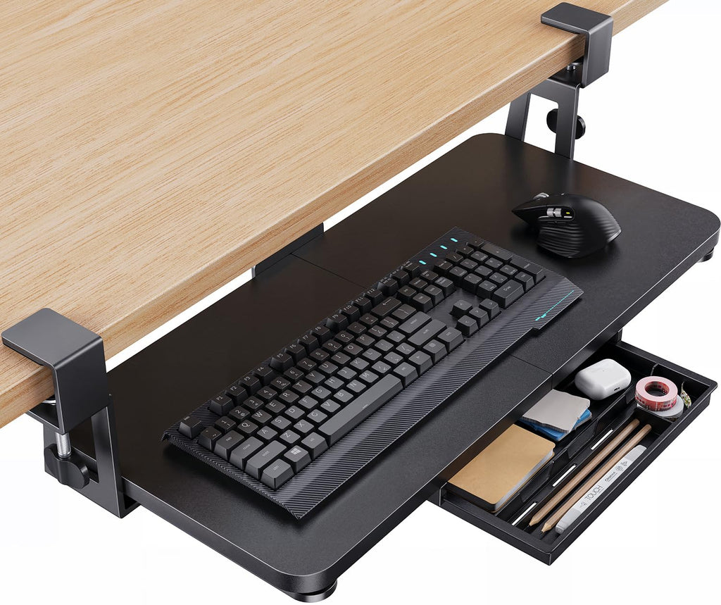 Large Under Desk Keyboard Tray with Sturdy C-Clamp Mount, 26 (30.16" Including Clamps) x 12 inch Slide-Out Platform Computer Desk Heavy Duty Keyboard Tray with Storage Drawer for Typing, Black
