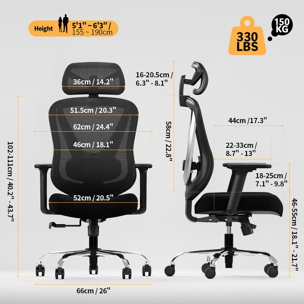 Ergonomic Mesh Office Chair - 3D Adjustable Lumbar Support & 3D Armrests, V-Shaped Back, Adjustable Desk Chair for Office & Home, Black