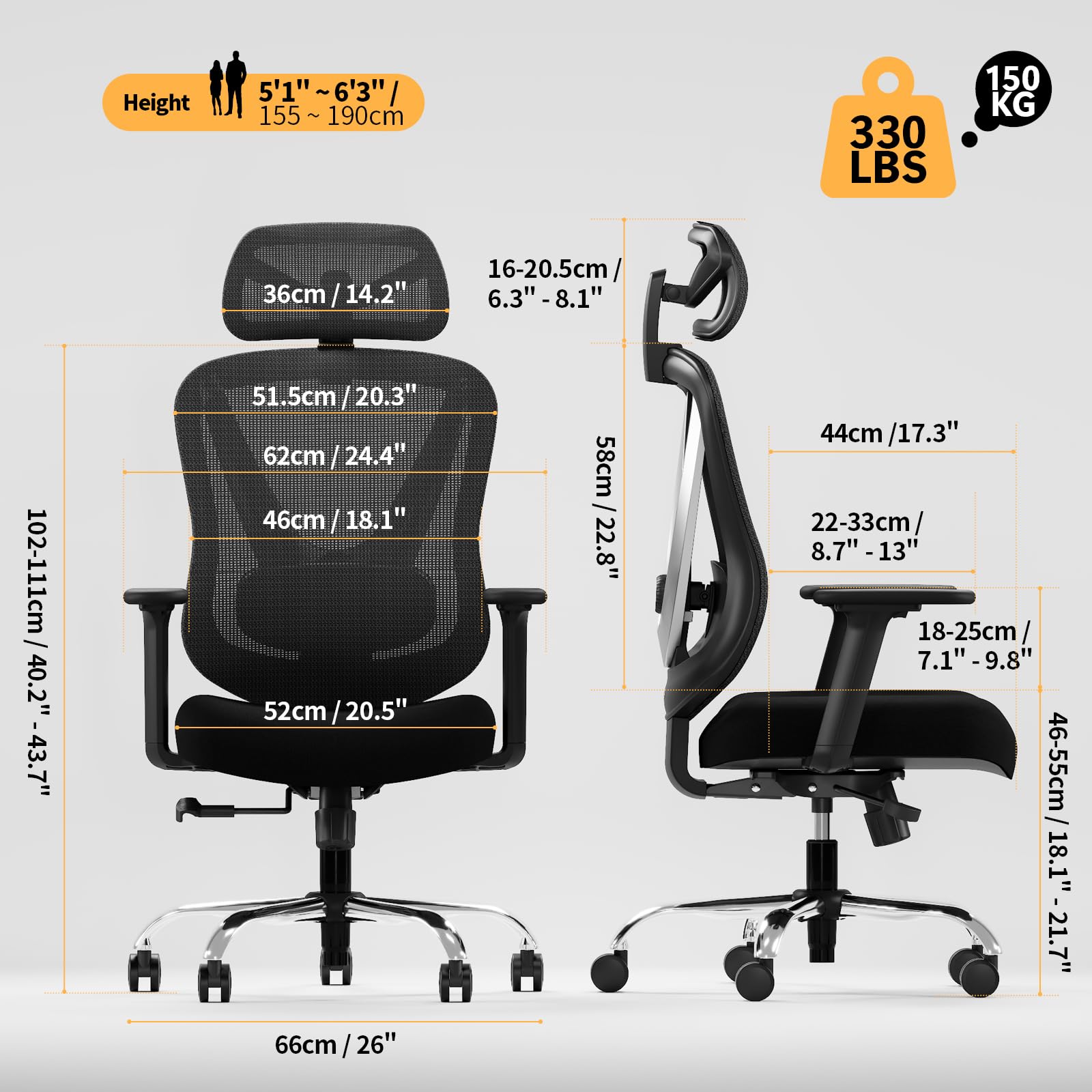 Ergonomic Mesh Office Chair - 3D Adjustable Lumbar Support & 3D Armrests, V-Shaped Back, Adjustable Desk Chair for Office & Home, Black