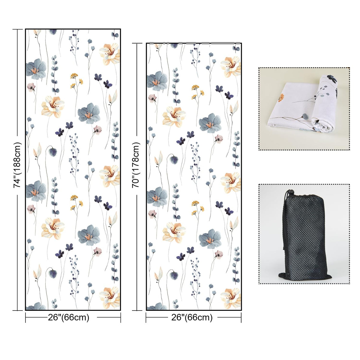 Non Slip Hot Yoga Towel, 70"x26", Watercolor Flowers