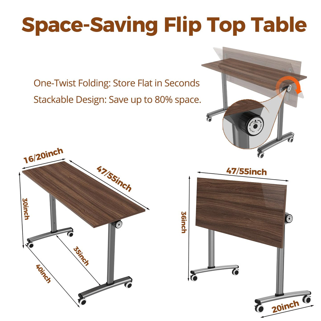 55″ Flip Top Training Table with Lockable Wheels, Mobile Nesting Folding Conference Table, Space Saving Seminar Desk for Classroom, Office, Library (12, Walnut, 55"×20"×30")