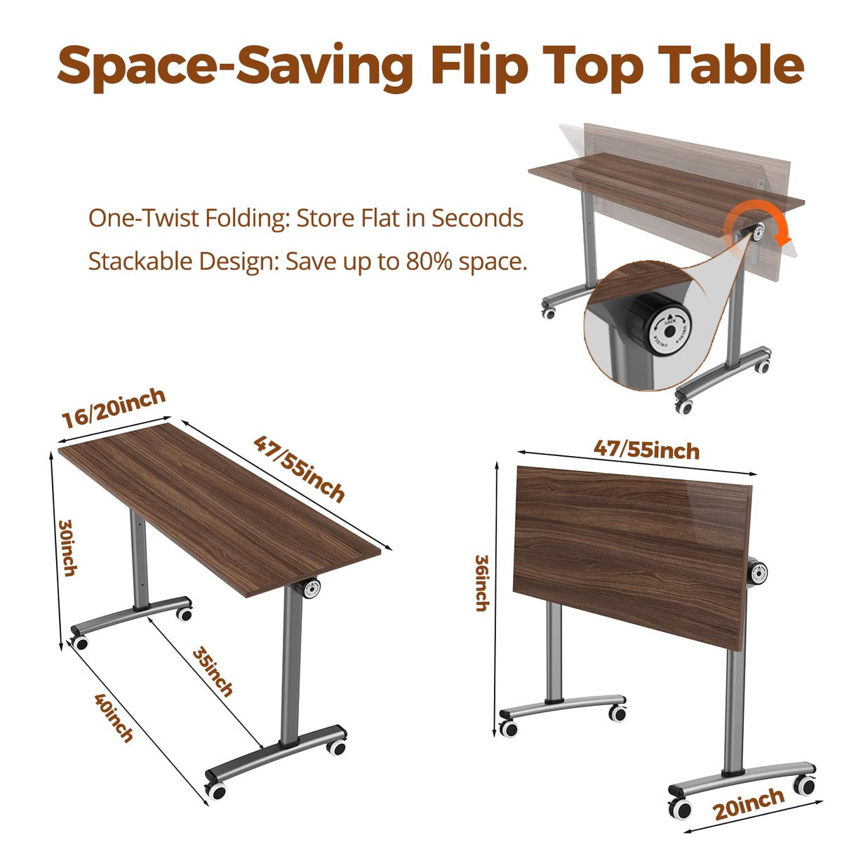 4 Pack Flip Top Training Table with Lockable Wheels, Mobile Nesting Folding Conference Table, Space Saving Seminar Desk for Classroom, Office, Library (Walnut, 47"×16"×30")